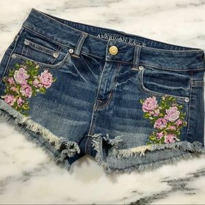 American Eagle flower embroidered denim shorts
